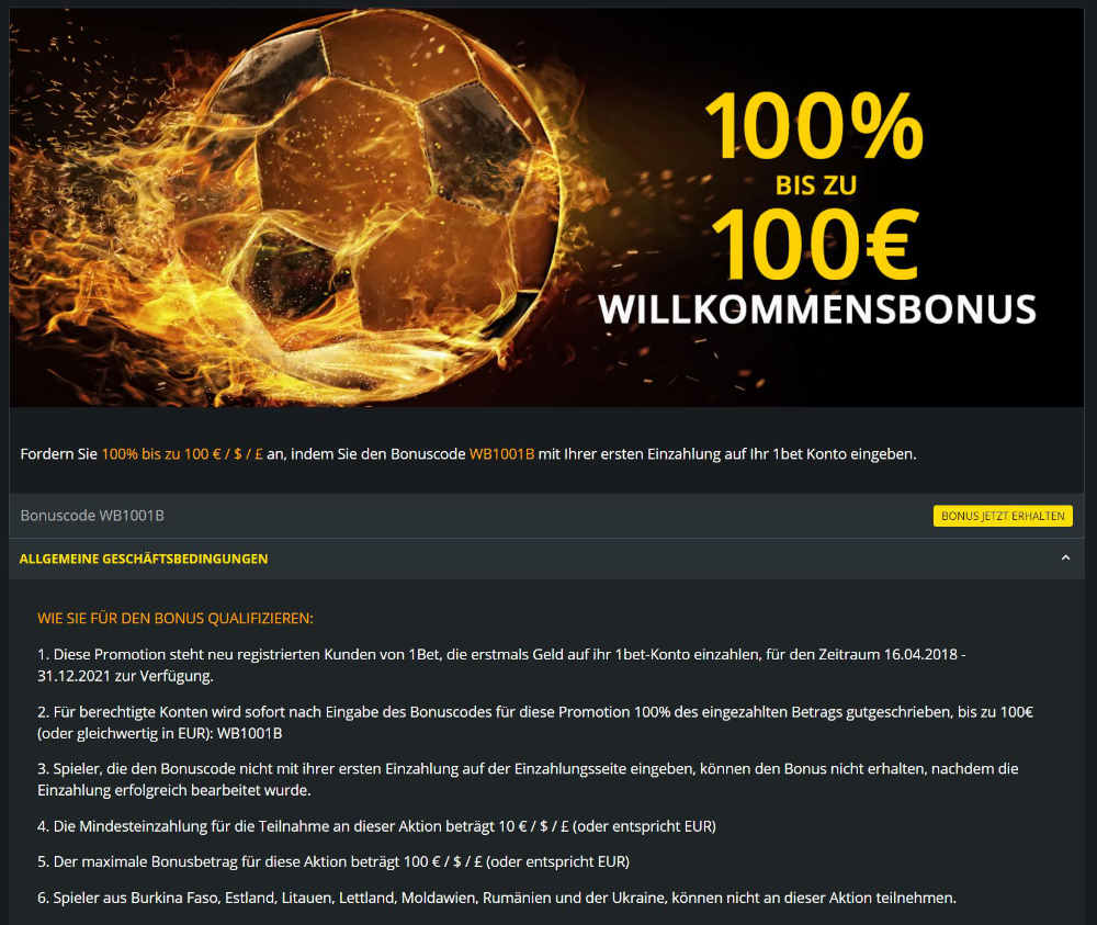 1Bet listet unter den Promotions direkt alle Anforderungen auf.