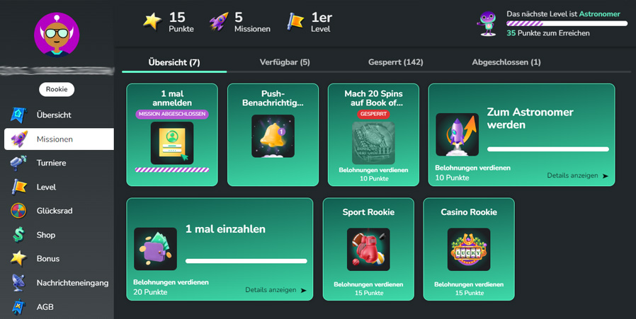 ©1Bet | Mit jeder erfüllten Mission erhält man bei 1Bet Punkte, die am Ende in Freiwetten umgewandelt werden können.