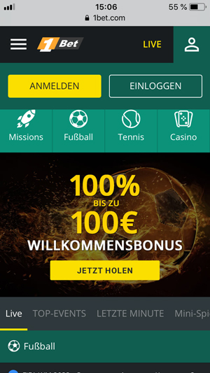 1Bet mobile Sportwetten Seite