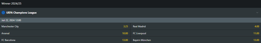 ©1Bet | Die Quoten für die Favoriten auf dem Champions League Sieg 24/25 vom 19.Juli 2024.