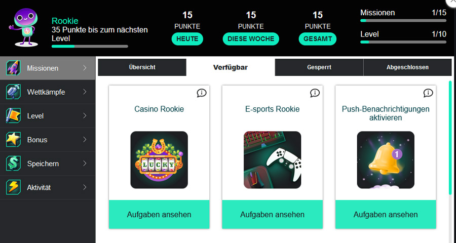 Mit jeder erfüllten Mission erhält man bei 1Bet Punkte, die am Ende in Freiwetten umgewandelt werden können.