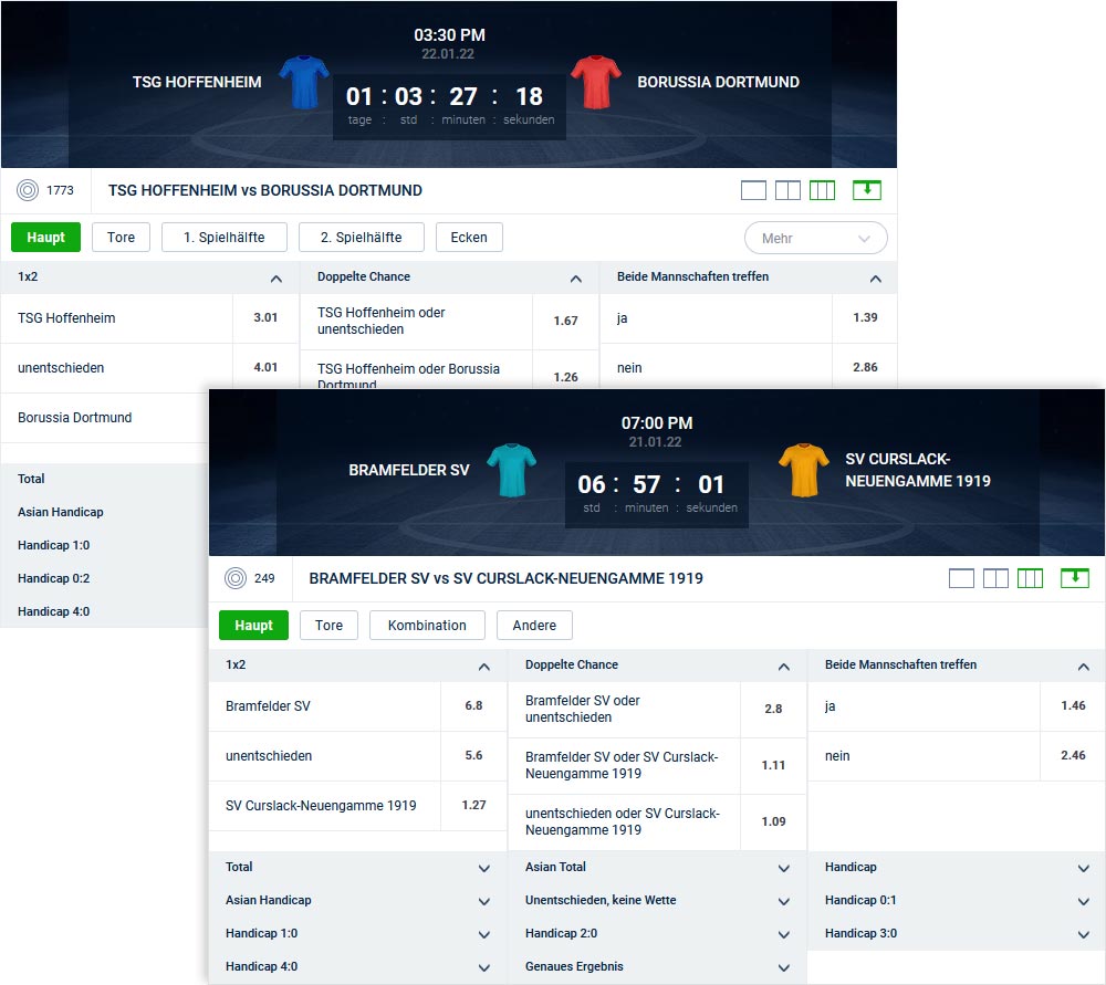 Vergleich der Wettangebote zur 1. Bundesliga und zur Oberliga Hamburg.