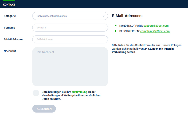 ©20Bet | Die Kontaktseite von 20Bet.