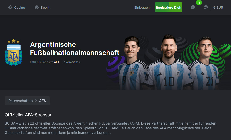 Das sorgt ebenfalls für Vertrauen: BC Game ist offizieller Sponsor der argentinischen Fußballnationalmannschaft.