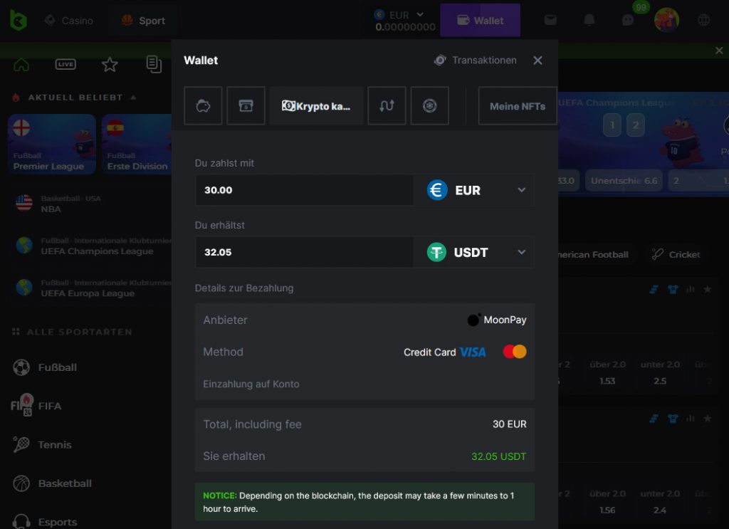 Einzahlen bei BC.Game via Moonpay.