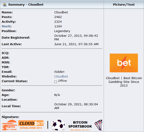 Das Profil mit Nutzungsstatistik von Cloudbet auf Bitcointalk.