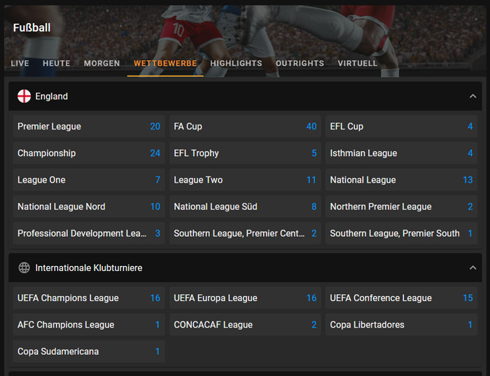 Cloudbet Fussballwetten Wettbewerbe