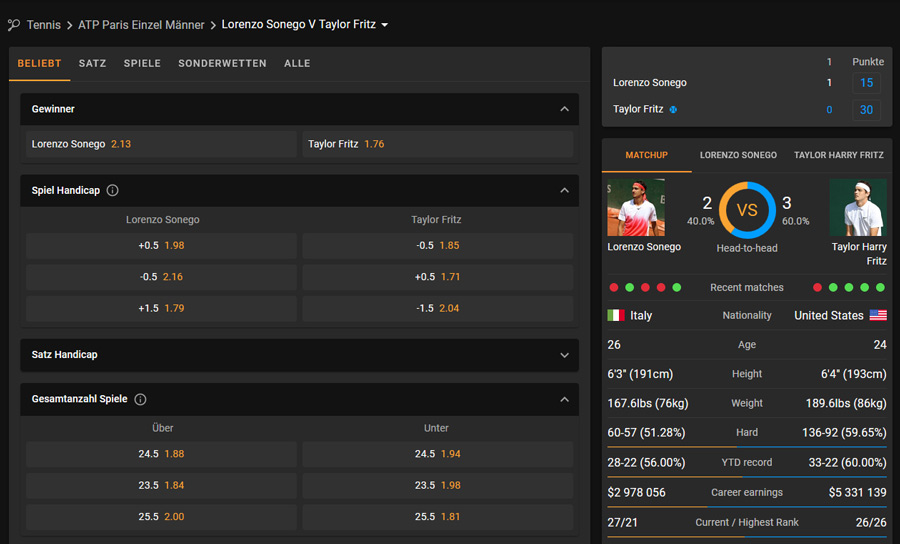 Tennis-Livewetten bei Cloudbet.