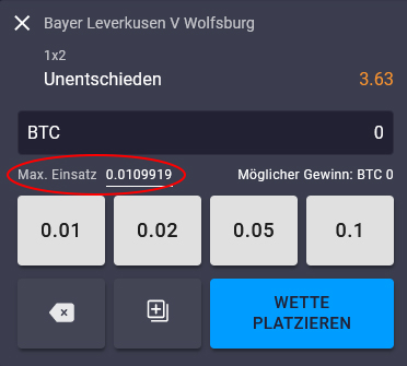 Beispiel für ein Einsatzlimit im Wettschein. Zum Zeitpunkt der Wettabgabe lag der Wert von 0,0109919 Bitcoin bei 574,43 Euro. 