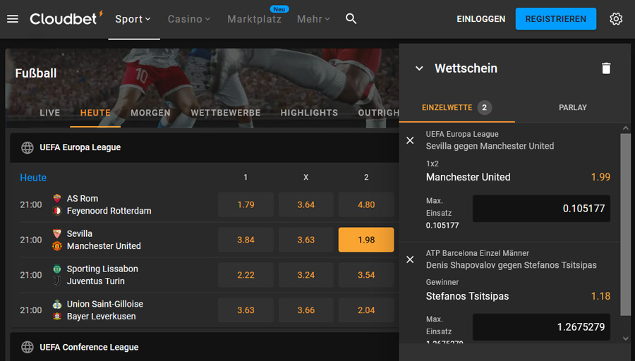 Die Wettseite von Cloudbet mit Wettangebot und ausgefülltem Wettschein.