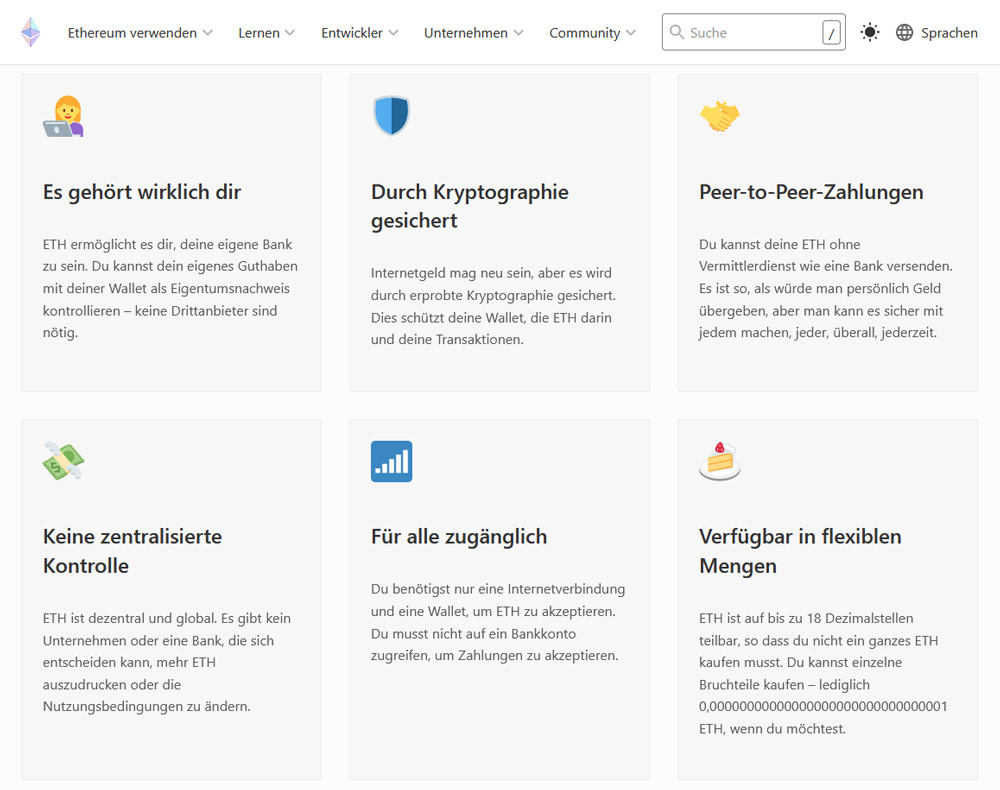 ©Ethereum Foundation | Auf Ethereum.org sind die wichtigsten Vorteile zusammengefasst.