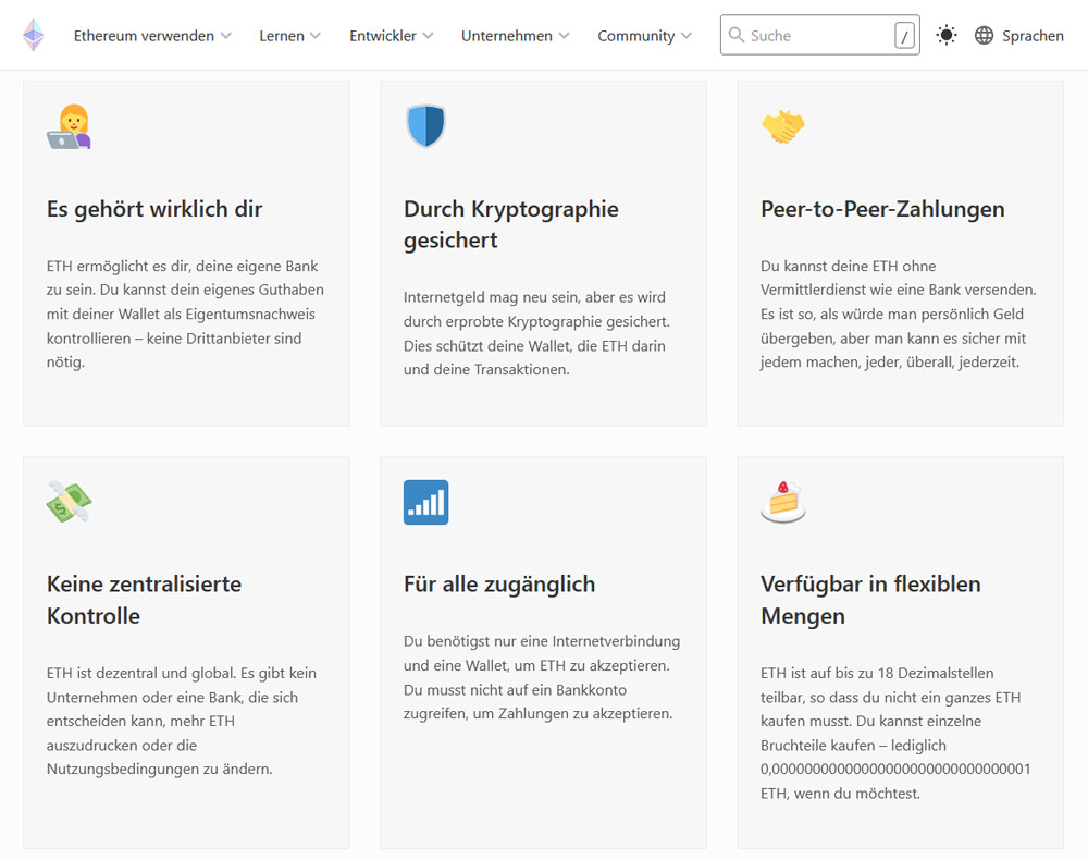 Auf Ethereum.org sind die wichtigsten Vorteile zusammengefasst.