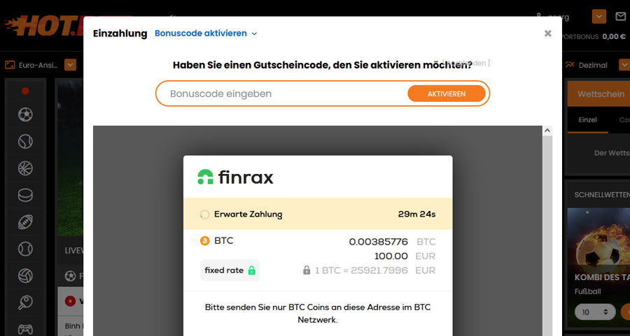 Kryptos einzahlen bei Hot.Bet via Finrax