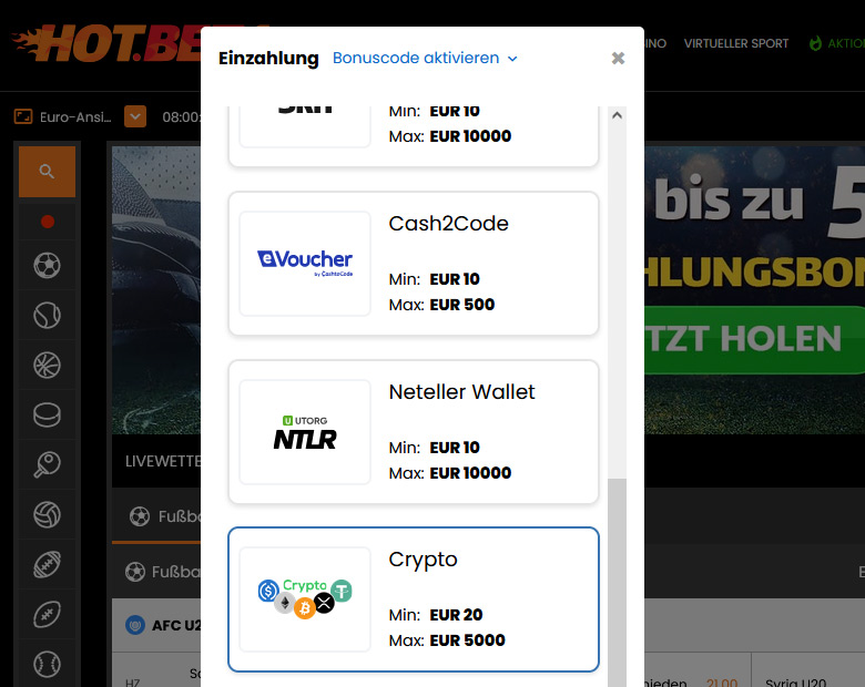 Einzahlen mit Krypto bei Hotbet