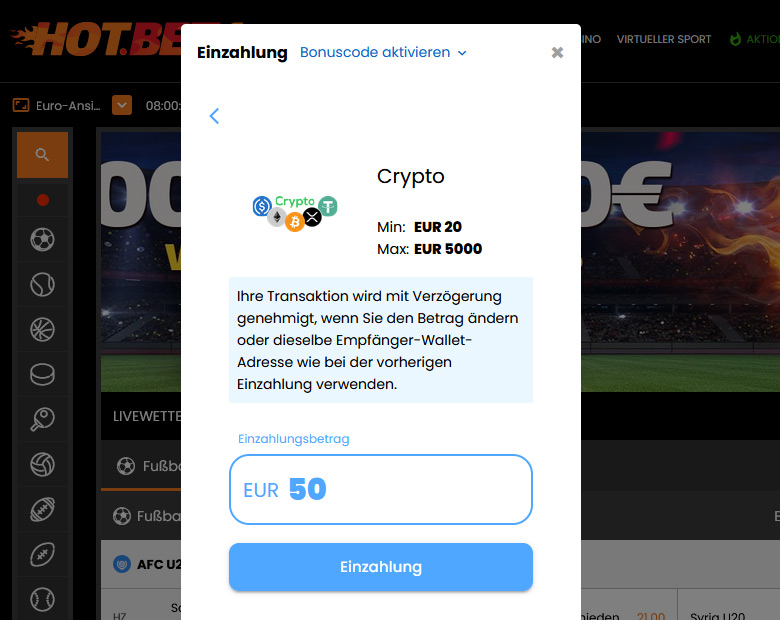 Einzahlen mit Krypto bei Hotbet
