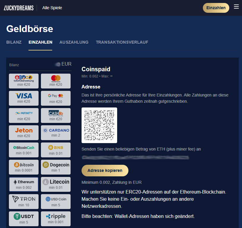 Kryptoeinzahlungen werden via Coinspaid abgewickelt