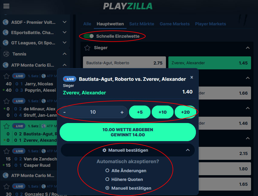 Beispiel: Ausgefüllter Wettschein bei Playzilla mit dem Feature für schnelle Einzelwetten.