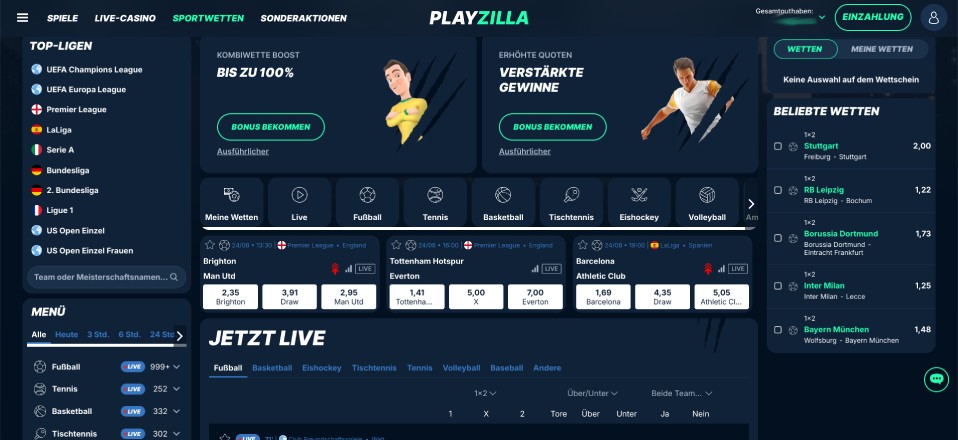 ©Playzilla | Ein Übersicht über die Startseite des Sportwetten Angebots von Playzilla.