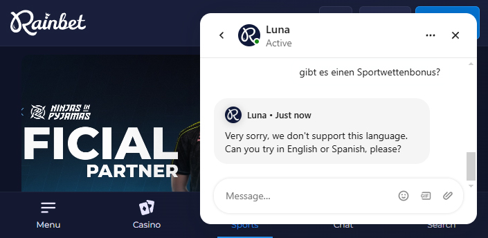 Auf Deutsch chatten ist bei Rainbet nicht möglich.