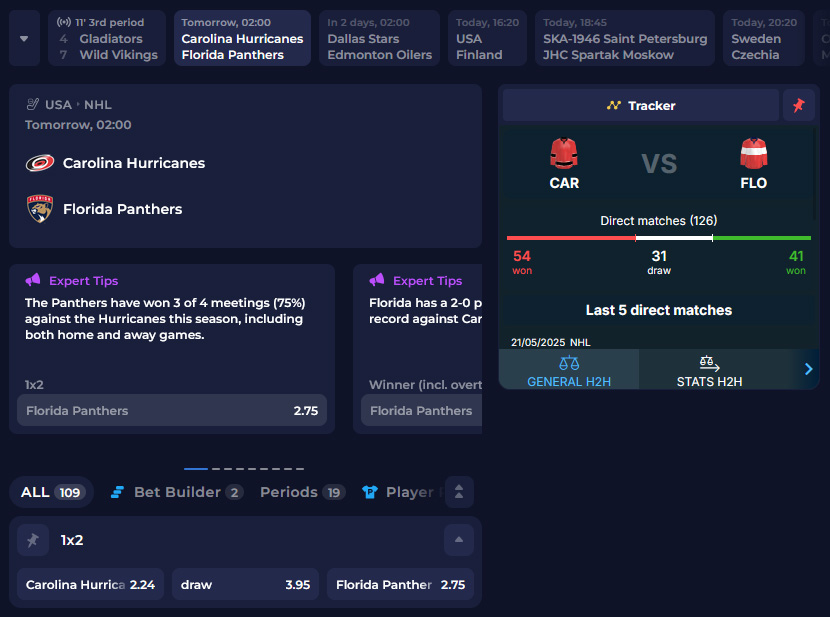 Pre-match Angebot zur NHL-Partie zwischen den Carolina Hurricanes und den Florida Panthers