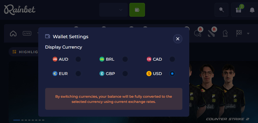 Wallet-Einstellungen bei Rainbet.