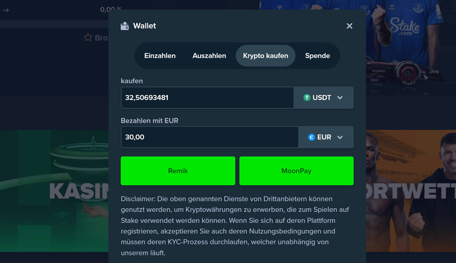 Stake bietet den Kauf von Coins (hier als Beispiel Tether) via Moopnay oder Remik an.