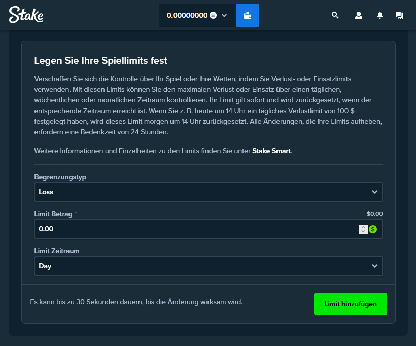 Spiellimits einstellen bei Stake
