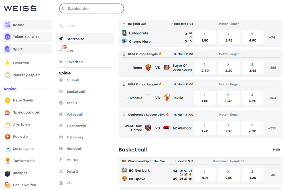 Screenshot der Wettseite von Weissbet.