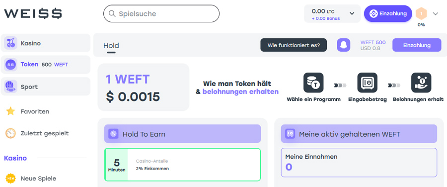 Im Wettkonto werden verfügbare WEFT Token angezeigt. Dort können sie auch verwaltet werden.